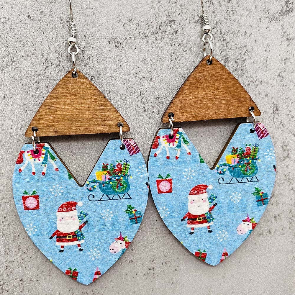 Wholesale Christmas Wooden Christmas Tree Stripe Patchwork Earrings